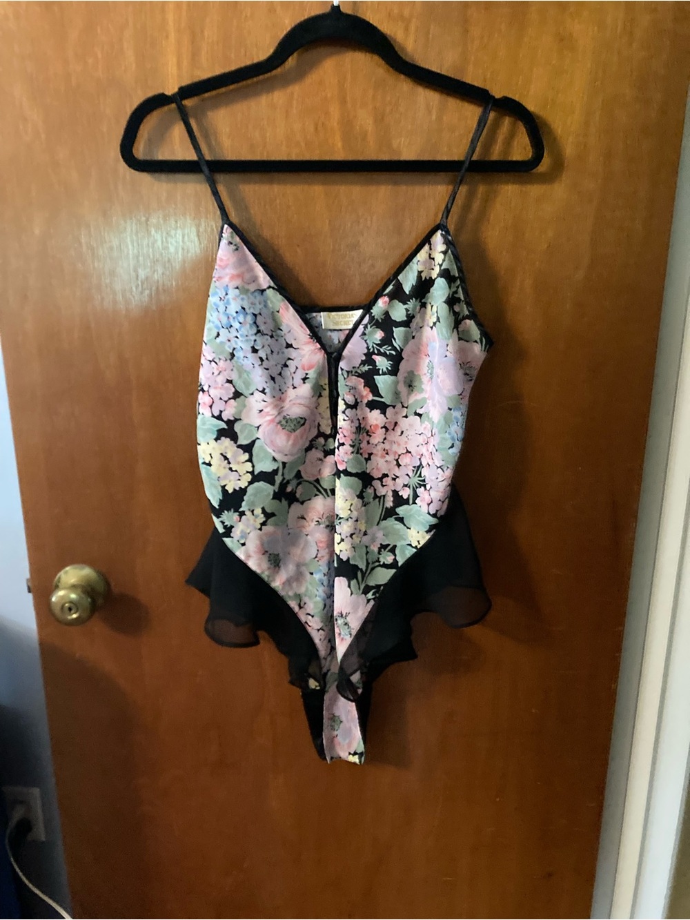 Victoria's Secret Black Floral Satin Bodysuit with Pastel Accents